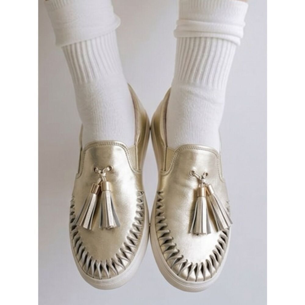 J/SLIDES | Gold Metallic Aztec Slip On Sneakers with Tassels Women’s Size 7